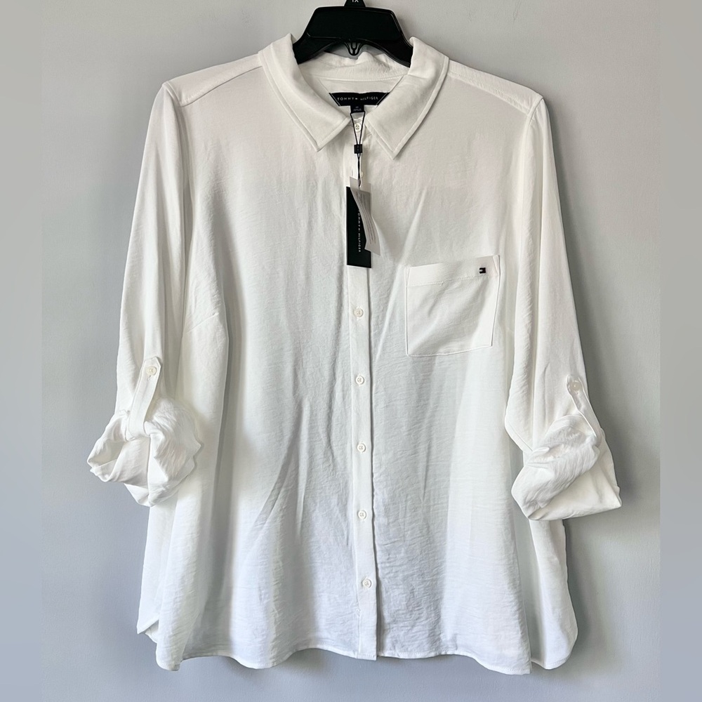 Tommy Hilfiger Womens Plus White Roll-Tab-Sleeve Button-Down Shirt Top Size 1X